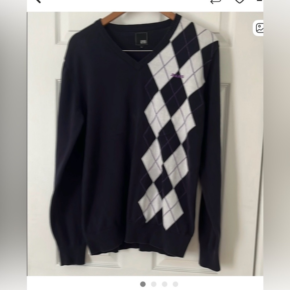 Jack & Jones Navy and White Argyle V-Neck Sweater - Picture 1 of 4